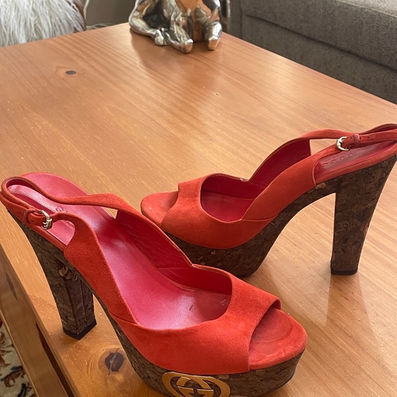Gucci Women's Orange Red Platform Sandals Heels - Picture 3 of 9